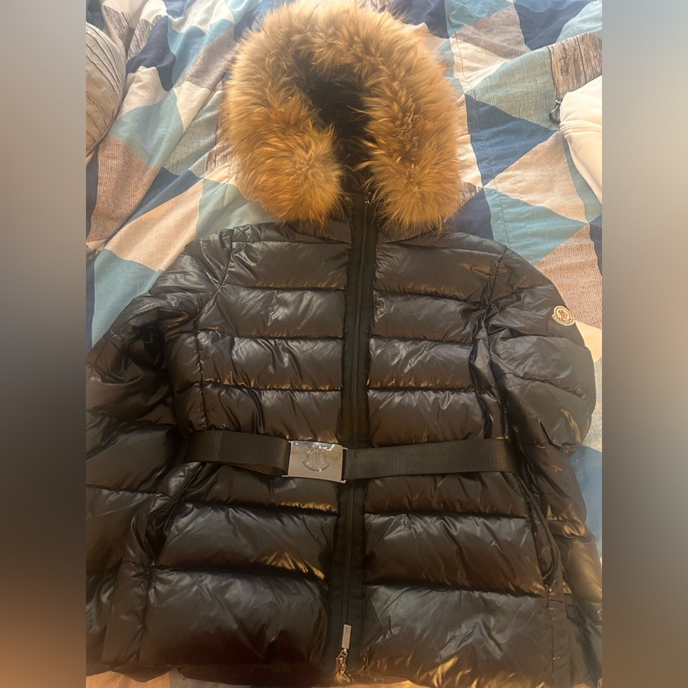 Moncler Shiny Black Jacket with Fur Trim